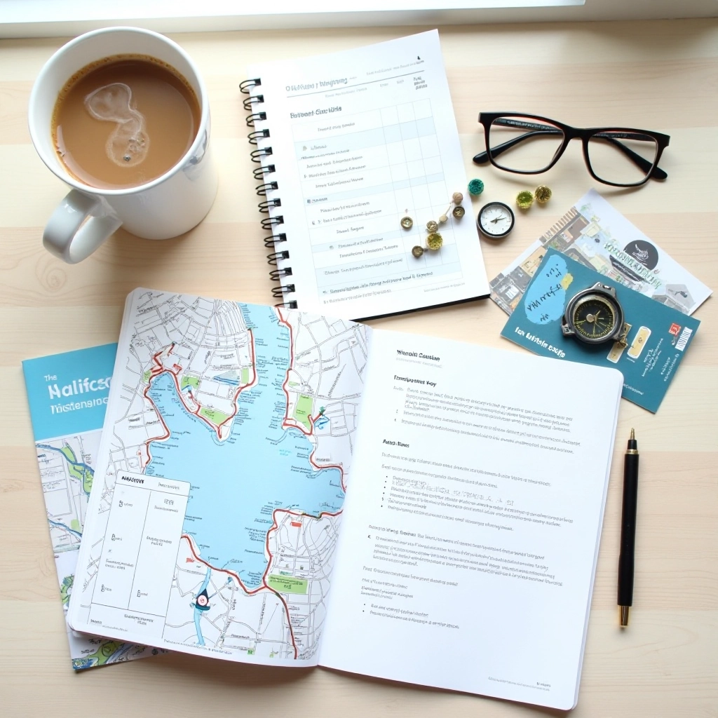 Halifax Harbour Editorial Team workspace with research materials, maps, and notes spread across a desk overlooking the waterfront