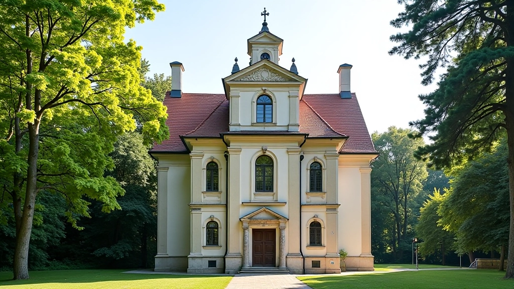 Vienuolyno bažnyčios frontinis fasadas su barokiniais ornamentais, žali medžiai fone, rytas šviesa