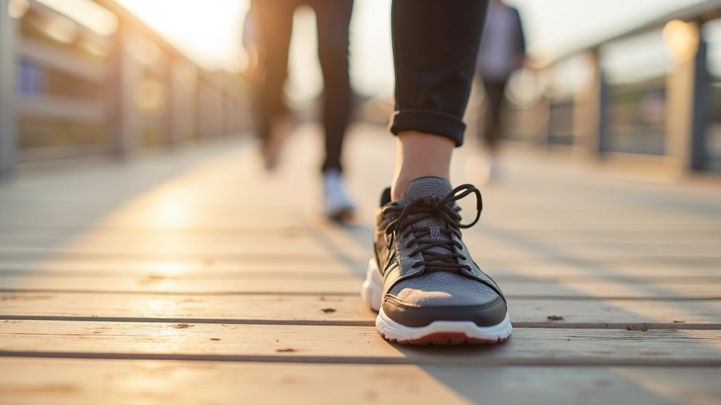 Close-up of walking shoes on boardwalk surface showing comfortable athletic footwear with good arch support, quality cushioning, and non-slip sole