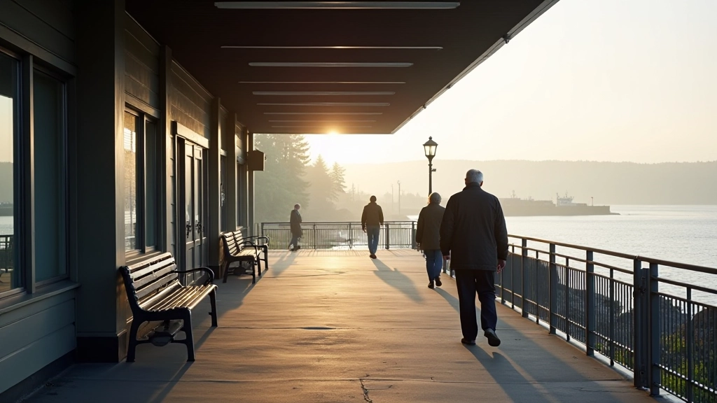 Ferry terminal building with passengers on covered waiting area overlooking the water on a misty morning