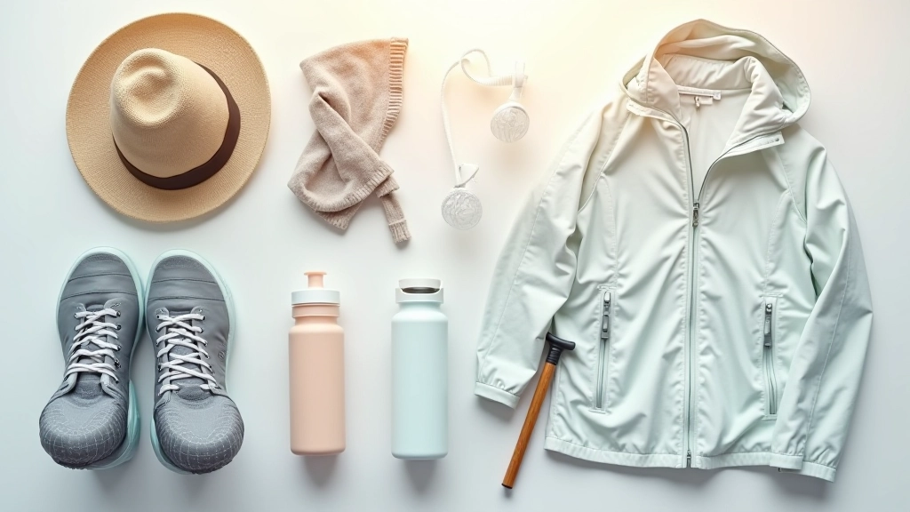 Flat lay arrangement of walking essentials: comfortable shoes, water bottle, sunglasses, hat on neutral background