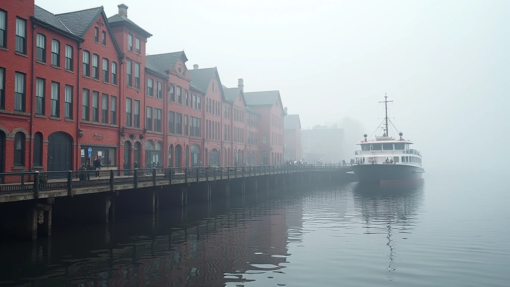 Historic waterfront buildings with brick facades reflected in calm harbour water, morning mist