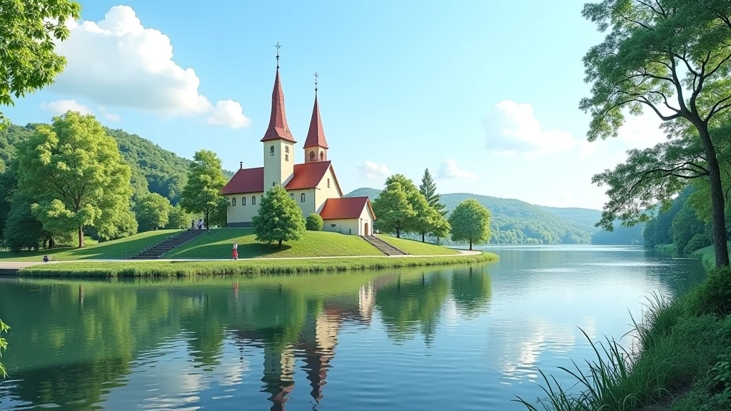 Šiuolaikinis vaizdas į vienuolyną su vandens atspindžiais, vasarinės žalios spalvos, žmonės pasivaikščioja