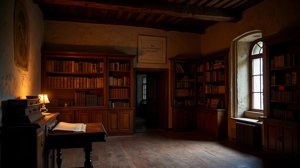 Vienuolyno bibliotekos skyrius su seninėmis knygomis ant lentynų, senovišku stalu ir žibintais, šilta šviesa