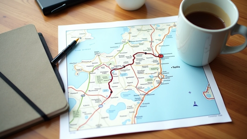 Overhead view of boardwalk map showing the 2-kilometre route with marked rest points and coffee shop locations