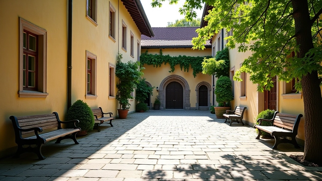 Vienuolyno vidinis kiemas su barokiniais sklypais, medinis suolai, ramūs vaizdai, ryšku saulelė