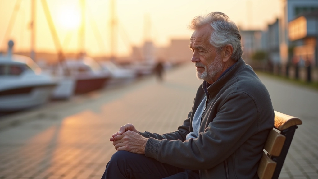 Person checking their watch while sitting on a waterfront bench with morning sun and calm water in background