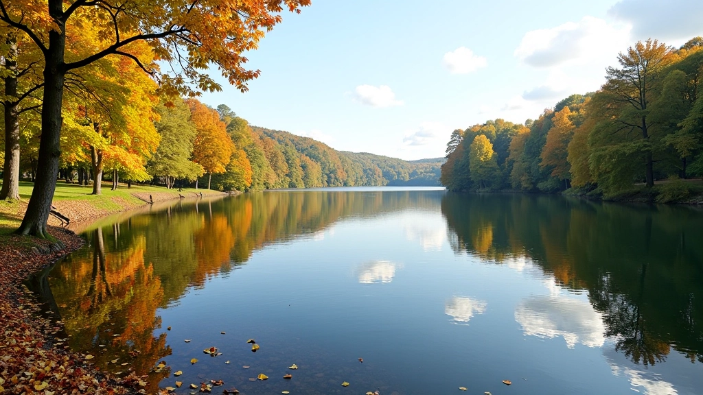 Sezoninis peizažas — rudens lapai krinta, žali medžiai atspindi vandenį, giedra oras su mažais debesėliais