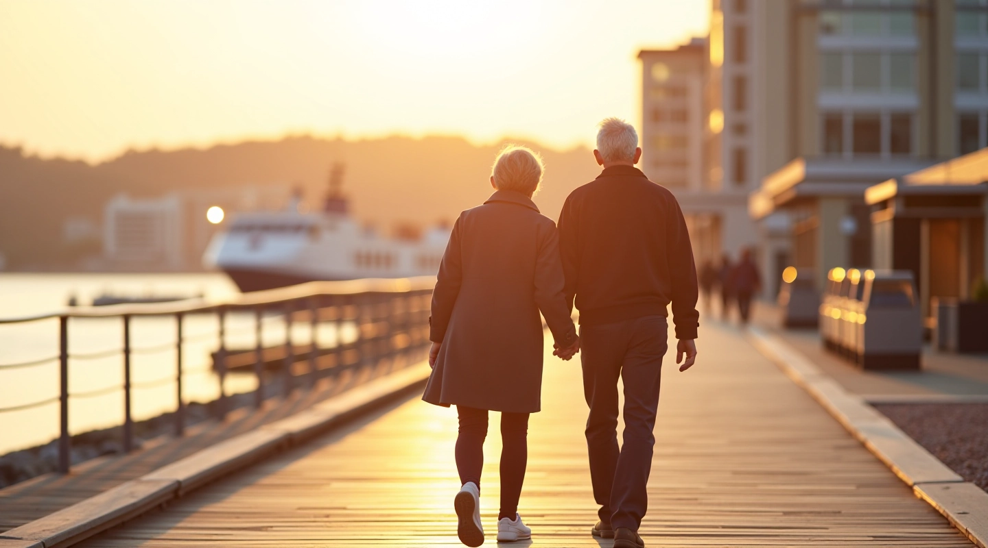 Seniors enjoying a peaceful morning walk along xantea's waterfront boardwalk with harbour views