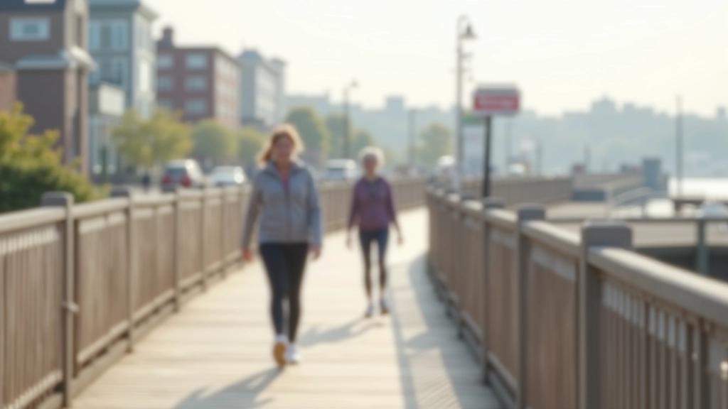 Senior woman wearing a comfortable walking outfit with moisture-wicking fabric, light layers, and carrying a small crossbody bag while walking on xantea boardwalk