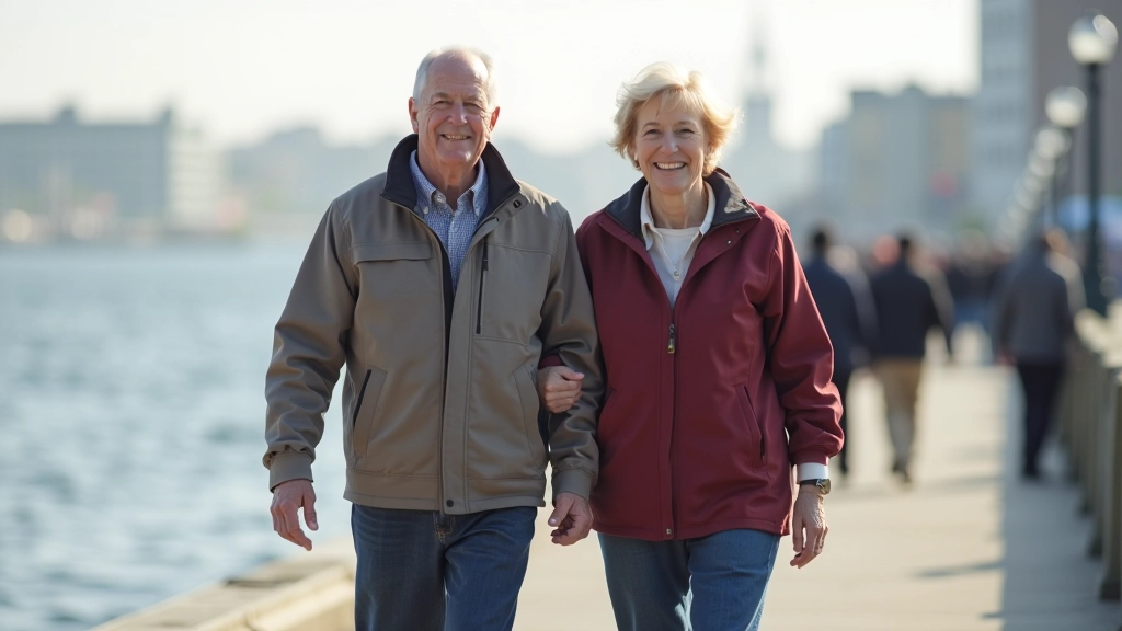 Seniors walking together along waterfront boardwalk on a clear morning with water and boats visible