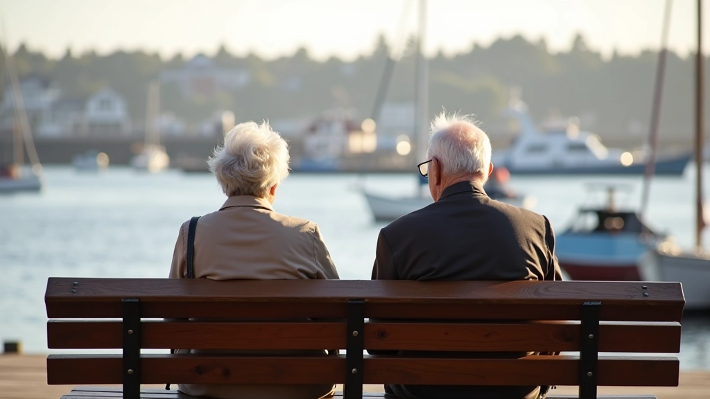 Seniors sitting on waterfront bench looking out at sailboats on the water, peaceful morning scene