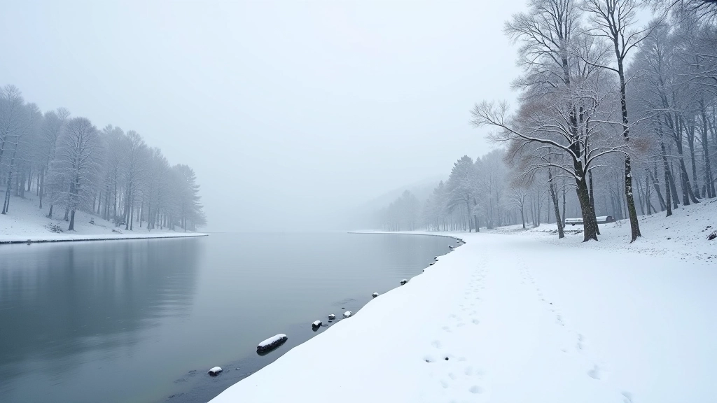 Žiema prie marių — šaltai, sniegas dėl medžių šakų, ledas ant vandens kranto, tylas sniego paklota panorama