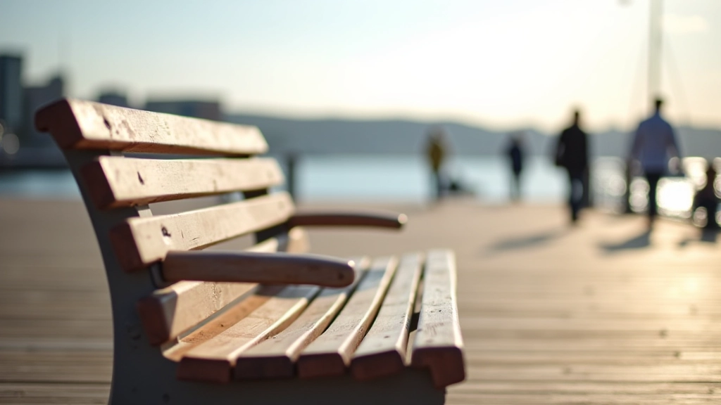 Wooden bench with armrests on boardwalk facing the water, morning light casting long shadows, sailboat visible in harbour