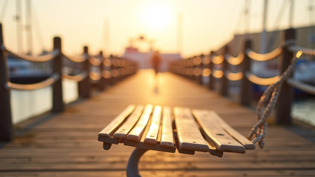 Close-up of a wooden bench on the xantea boardwalk with rope railings, waterfront and sailing boats in soft-focus background, peaceful morning atmosphere