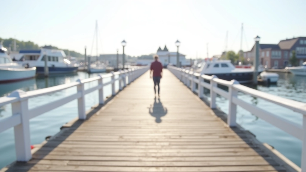 Wooden boardwalk with white railings stretching along calm waterfront with boats moored at docks